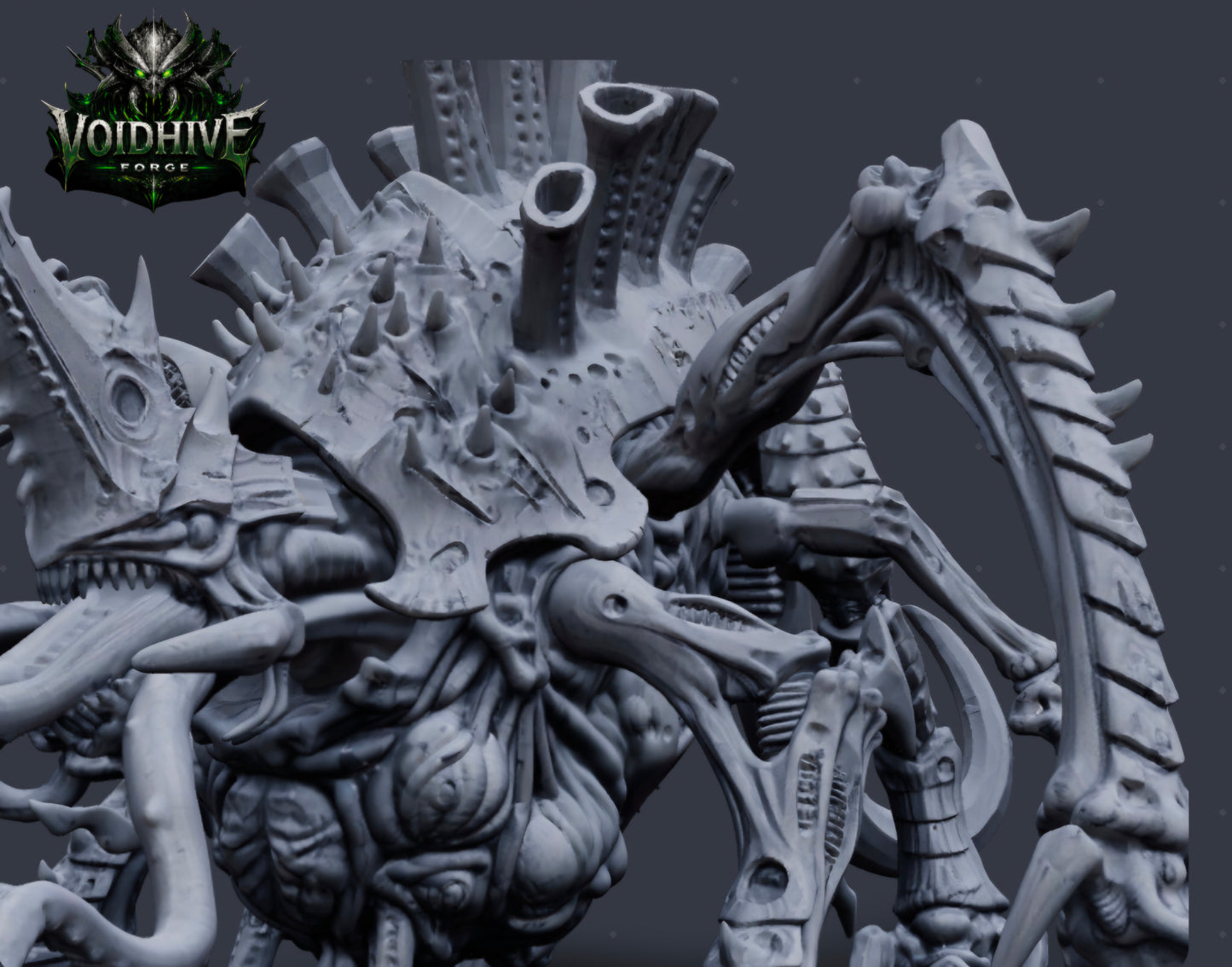 "Void Harvester Prime Eldritch Bio Horror grey resin miniature, side view showing full body profile with armoured flanks, scythe limbs and organic tube array"