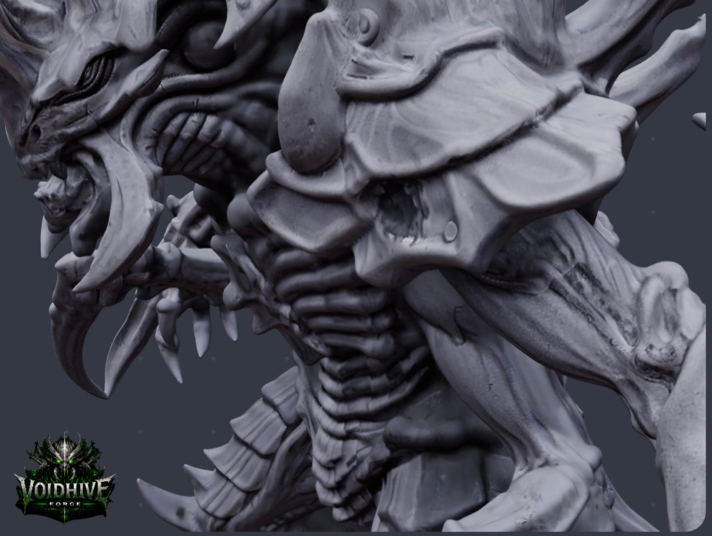 "Extreme close-up of Void Reaper Eldritch Blade Wraith resin miniature showing intricate ribbed torso texture, segmented armour plates and clawed gauntlet detail"