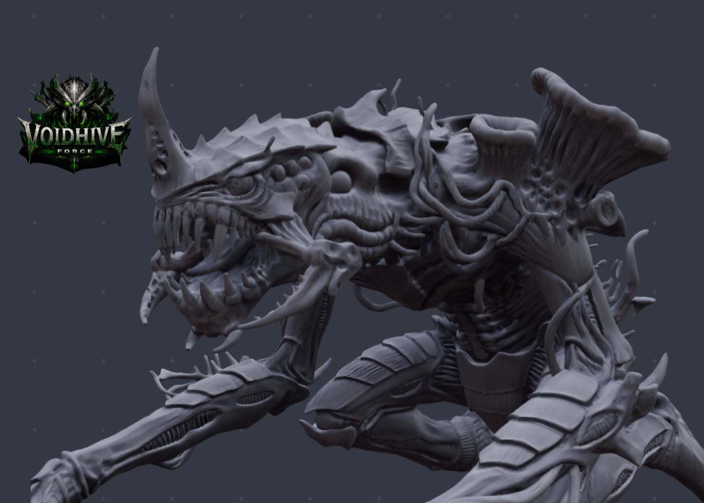 Extreme close-up — intricate fang and tendril sculpt detail