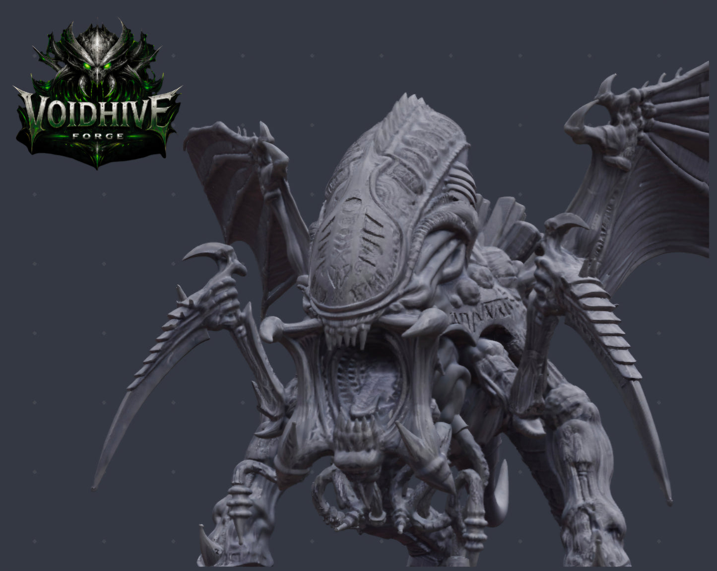 VoidHive Forge Aethon Tyrant resin miniature — close-up of bio-etched cranial dome, gaping fanged maw, scything claws, and organic surface detail