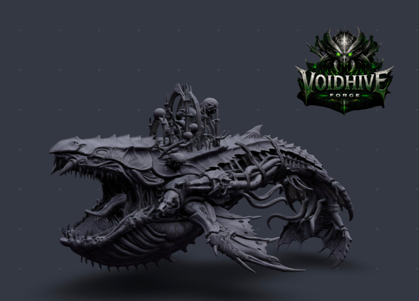 Kharreth the Bonethrone – close-up side detail showing exposed chitin ribs and tendril texture, grey resin