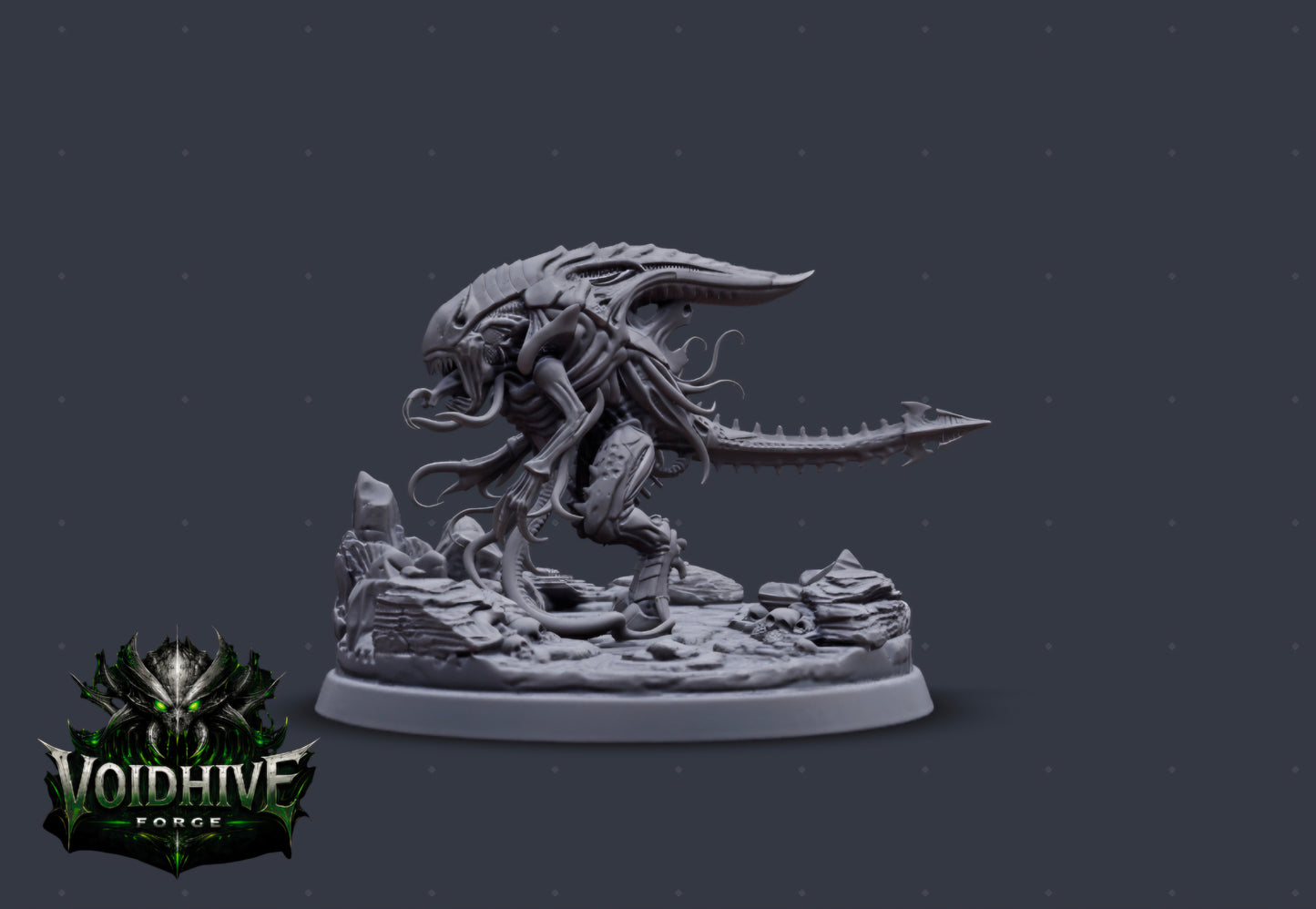 "Voidfang Reaper resin miniature by VoidHive Forge — front view showing biomechanical head and tentacles"