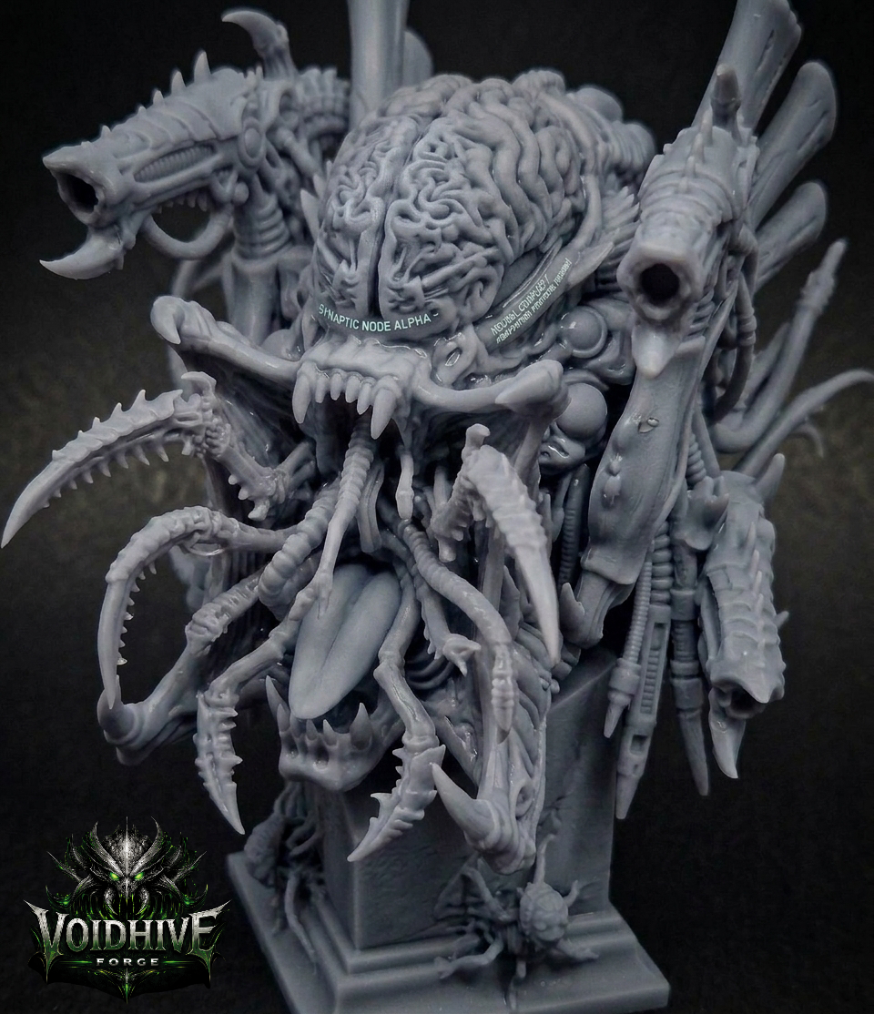 VoidHive Forge Synaptic Node Alpha resin collector bust — front view showing exposed neural brain mass, writhing bio-tendrils, and integrated bio-weapon arrays on display plinth