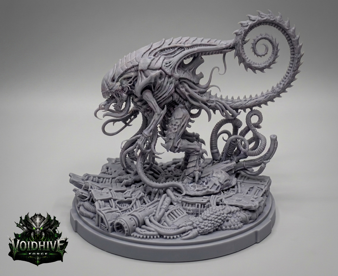 Abyssal Coilfiend resin miniature by VoidHive Forge — front three-quarter view showing coiled tail and scenic base"