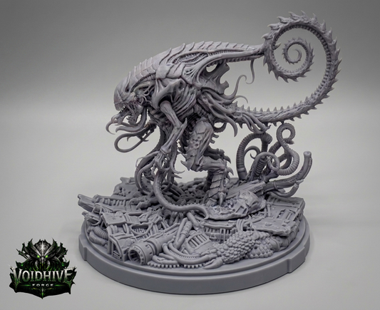 Abyssal Coilfiend resin miniature by VoidHive Forge — front three-quarter view showing coiled tail and scenic base"