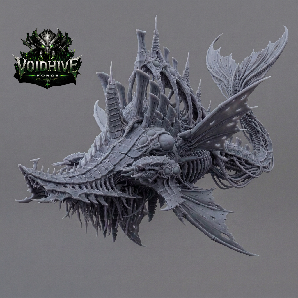 Vorrakh the Sunken – overhead view showing dorsal spires and swept fins, grey resin