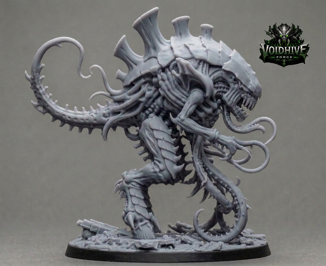 "Carrion Sovereign resin miniature by VoidHive Forge — front three-quarter view on rubble scenic base"