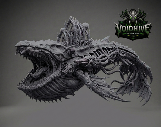 Kharreth the Bonethrone – front three-quarter view showing open maw and bone-throne superstructure, grey resin