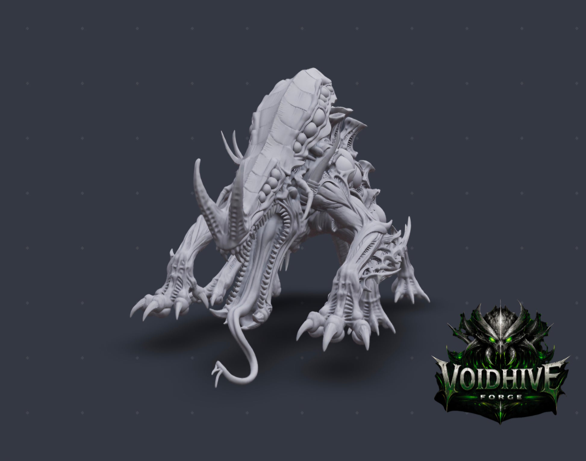 Void Stalker Armoured Predator grey resin miniature, three-quarter side view showing armoured carapace, serrated maw and clawed limbs in crouching pose"