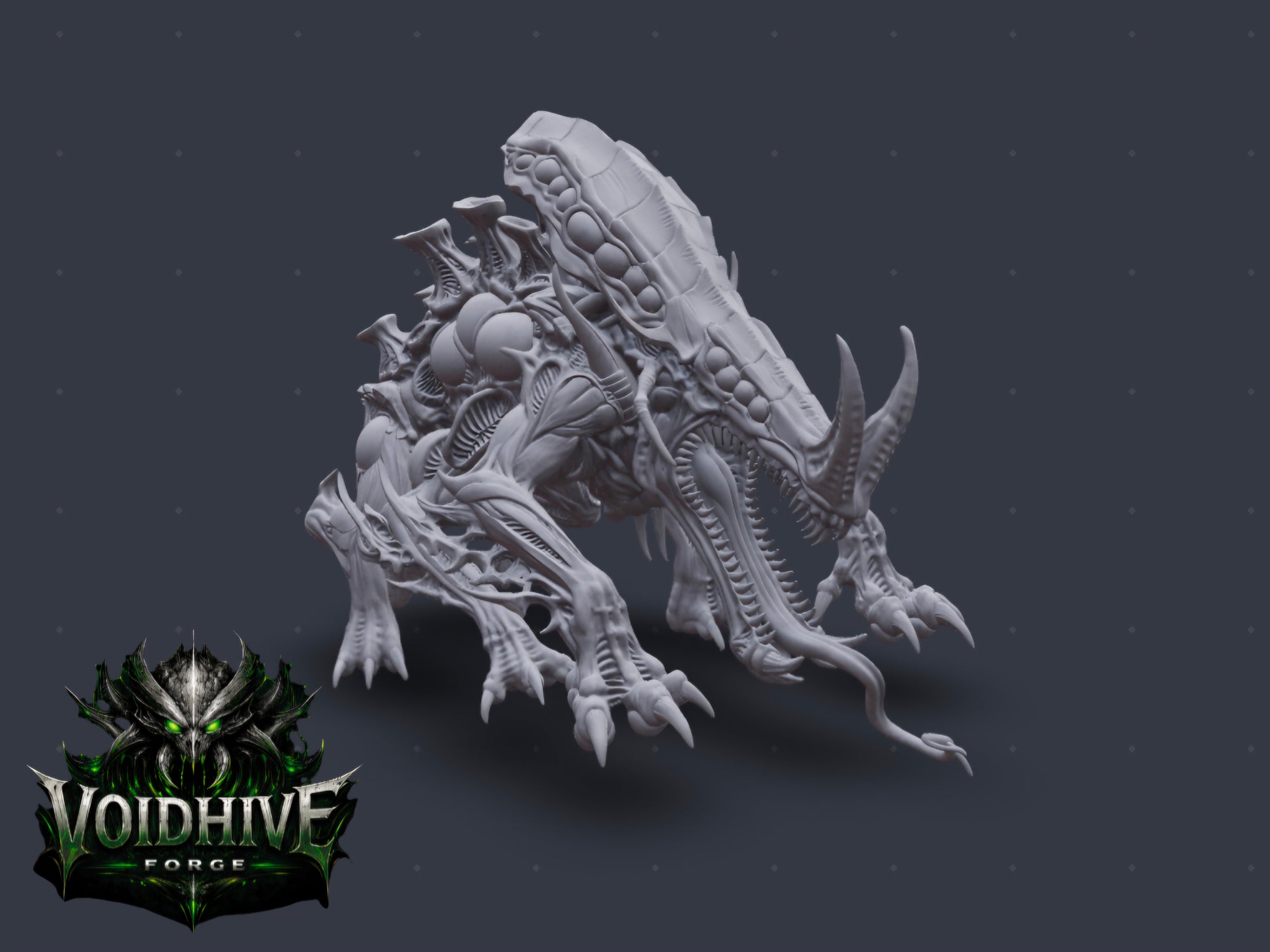 "Void Stalker Armoured Predator grey resin miniature, rear three-quarter view showing segmented tail, layered carapace plates and multi-jointed hind legs"