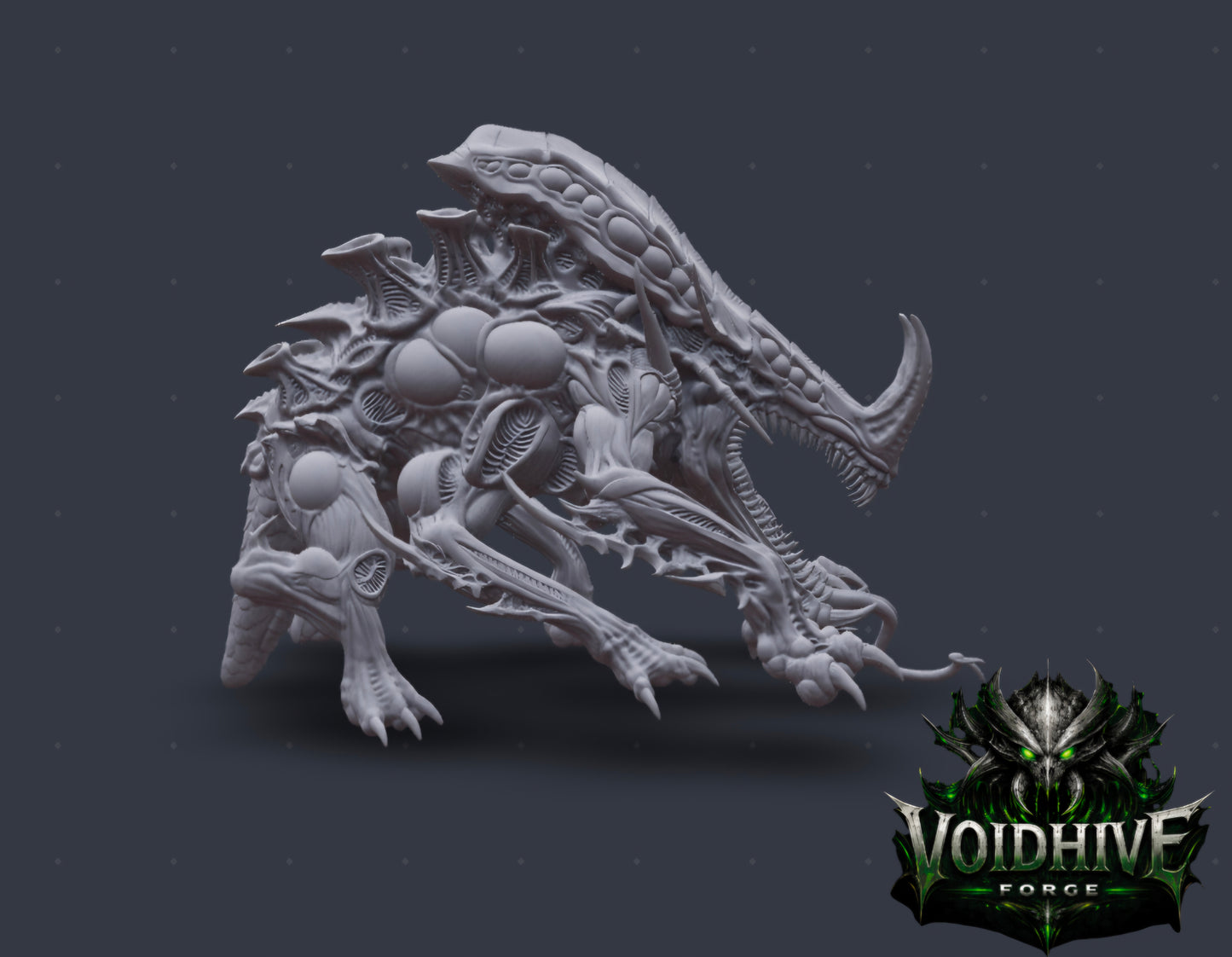 "Close-up detail of Void Stalker Armoured Predator resin miniature showing serrated fanged maw, curved horns and intricate bone-spur surface texture"