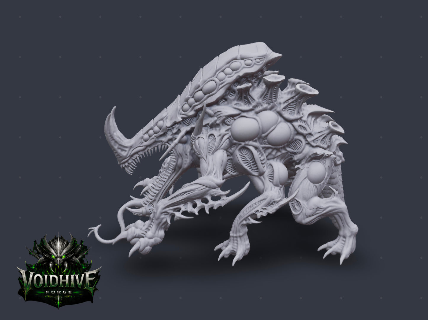 "Void Stalker Armoured Predator grey resin miniature, side profile showing full 110mm body length with hooked tail and splayed clawed feet"