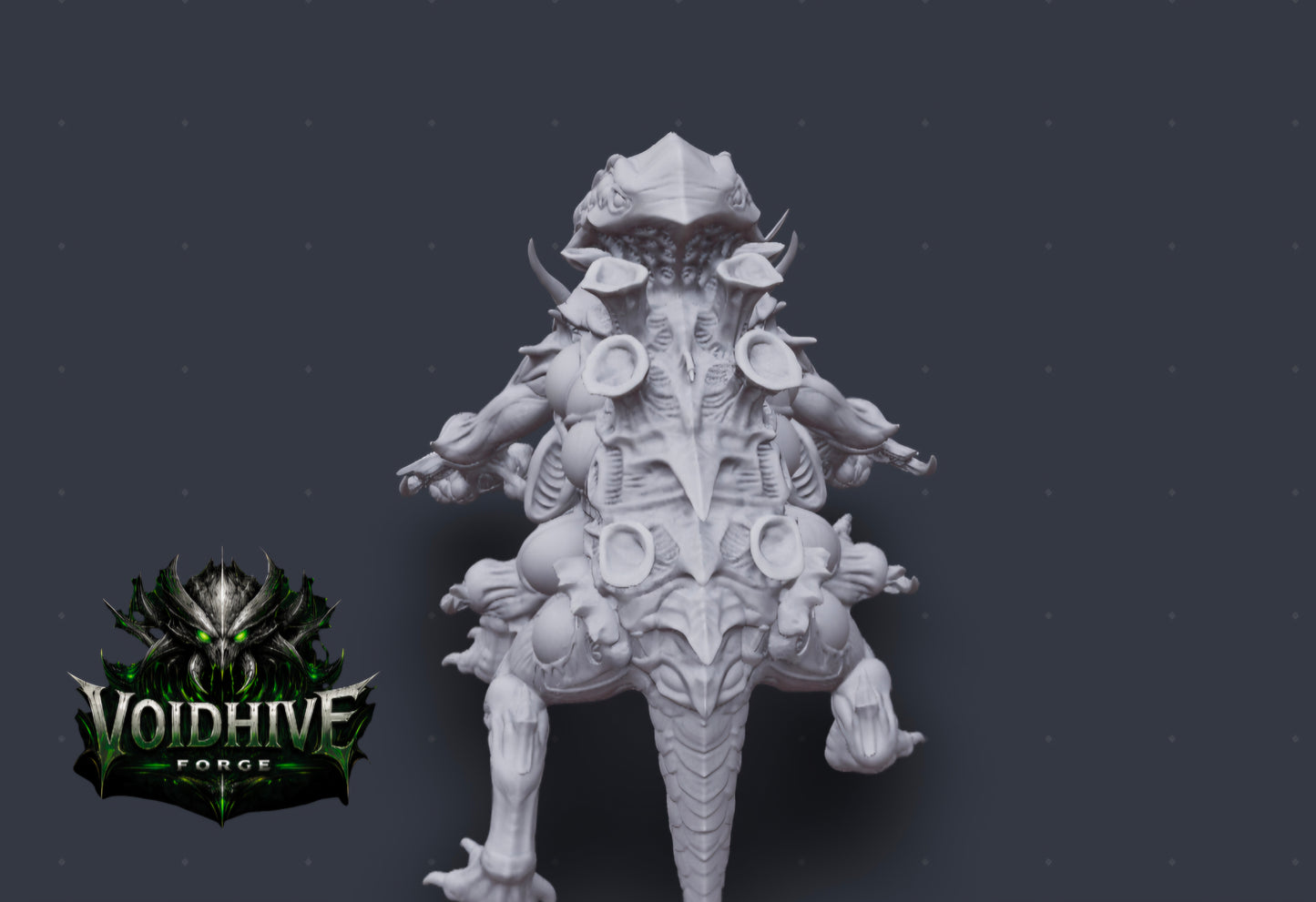 "Void Stalker Armoured Predator grey resin miniature, front three-quarter view showing bulbous thorax, fanned shoulder spines and forward-reaching clawed arms"