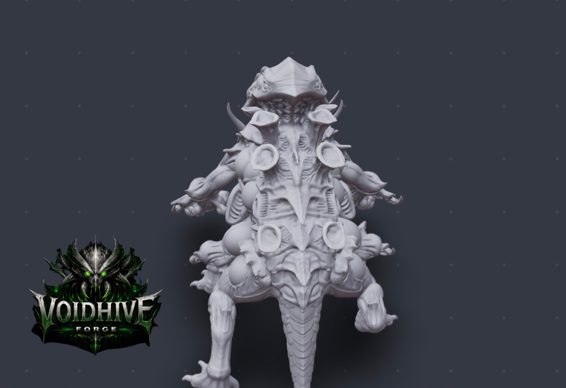 "Void Stalker Armoured Predator grey resin miniature, front three-quarter view showing bulbous thorax, fanned shoulder spines and forward-reaching clawed arms"