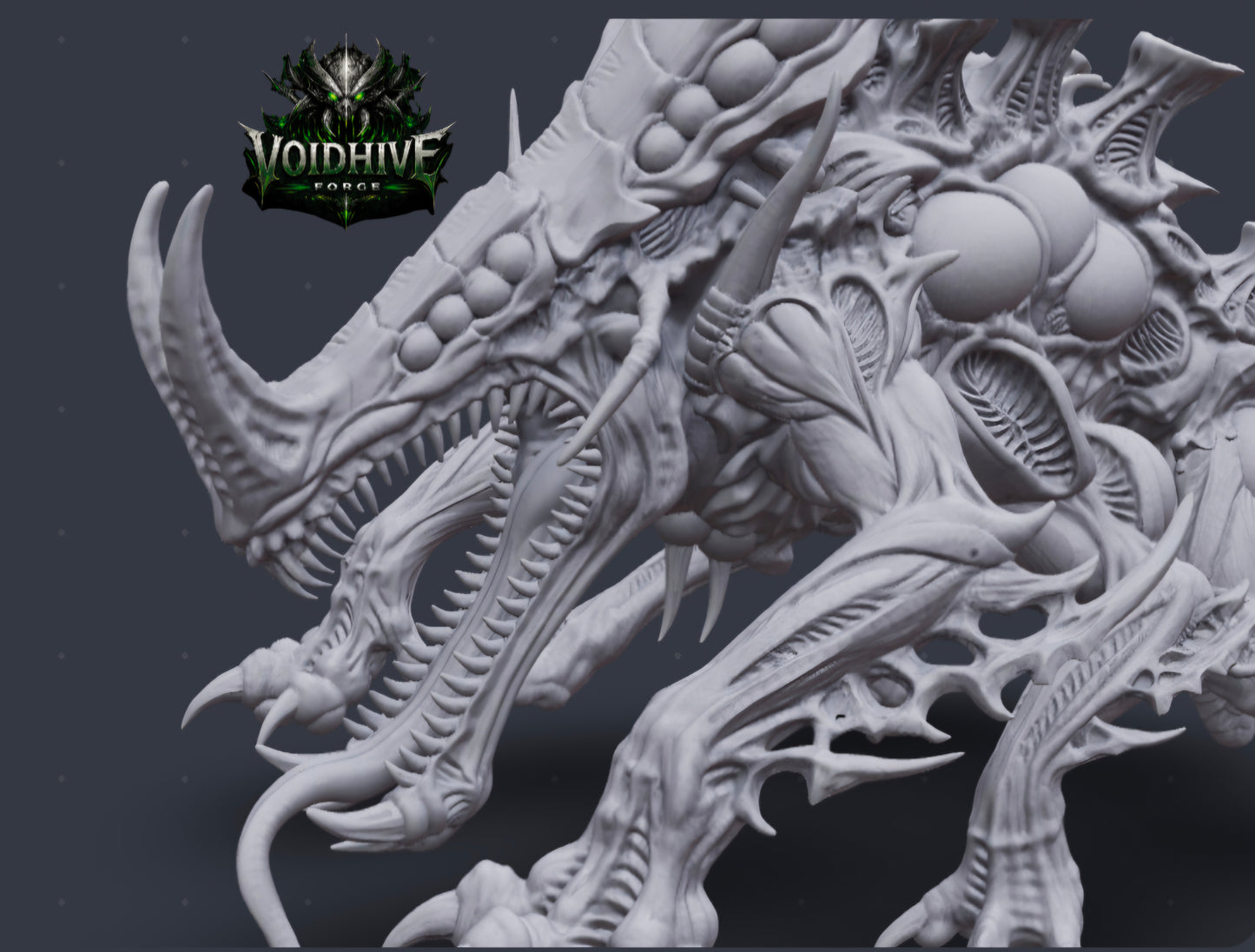  "Void Stalker Armoured Predator grey resin miniature, low-angle three-quarter view showing underside detail, segmented belly plates and multi-limbed predatory stance"