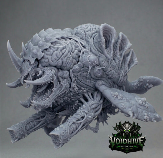 Detailed creature model with intricate design on a gray background, featuring the Voidhive Forge logo.