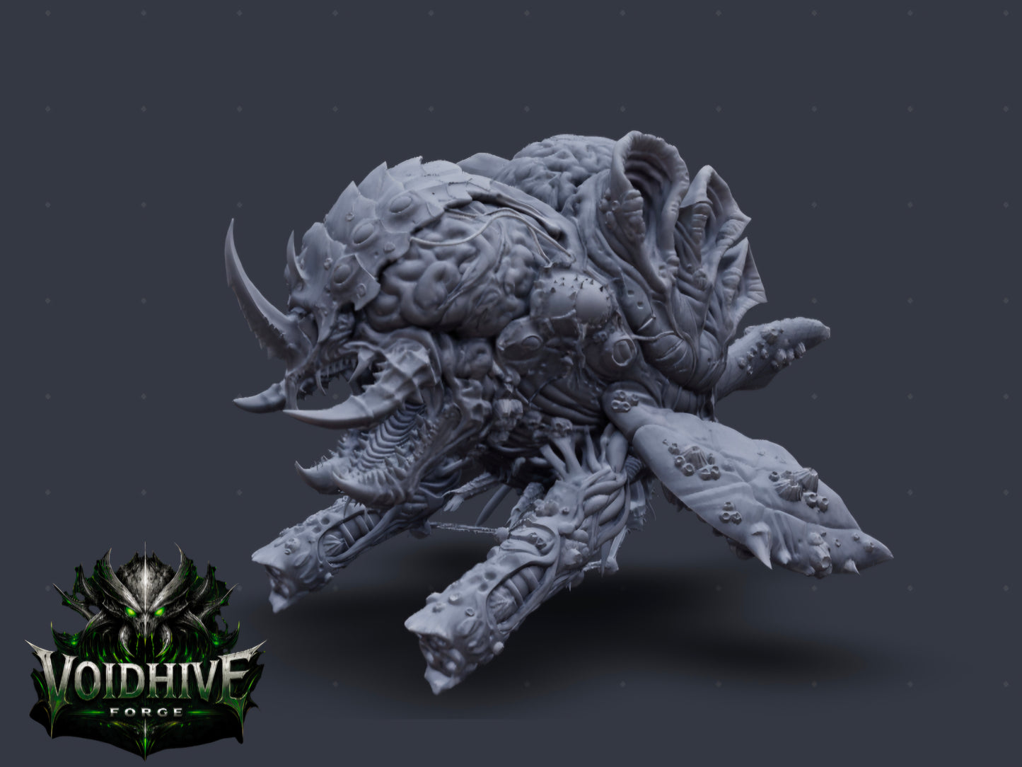 Gray fantasy creature model on a dark background with Voidhive Forge logo.