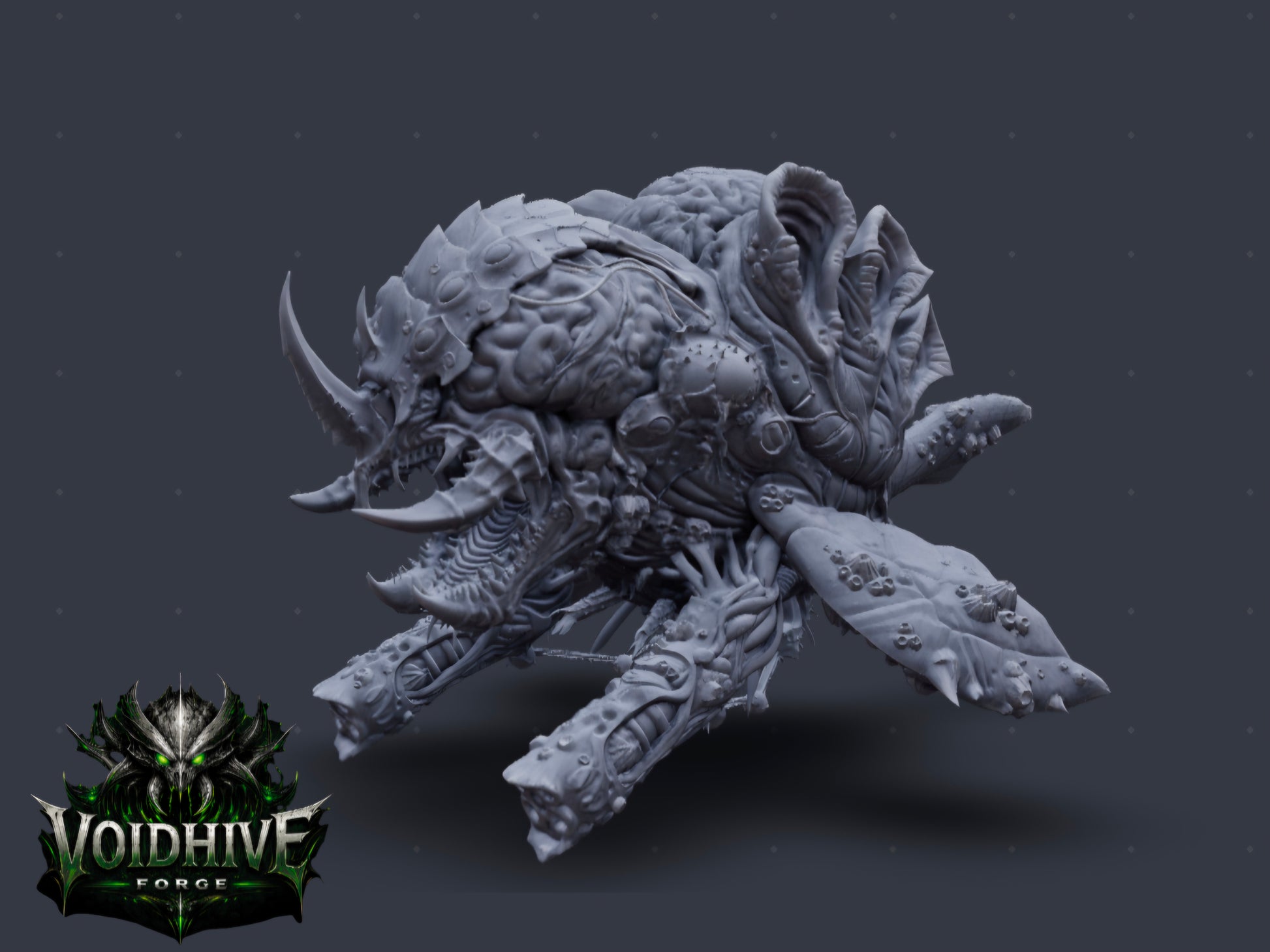 Gray fantasy creature model on a dark background with Voidhive Forge logo.