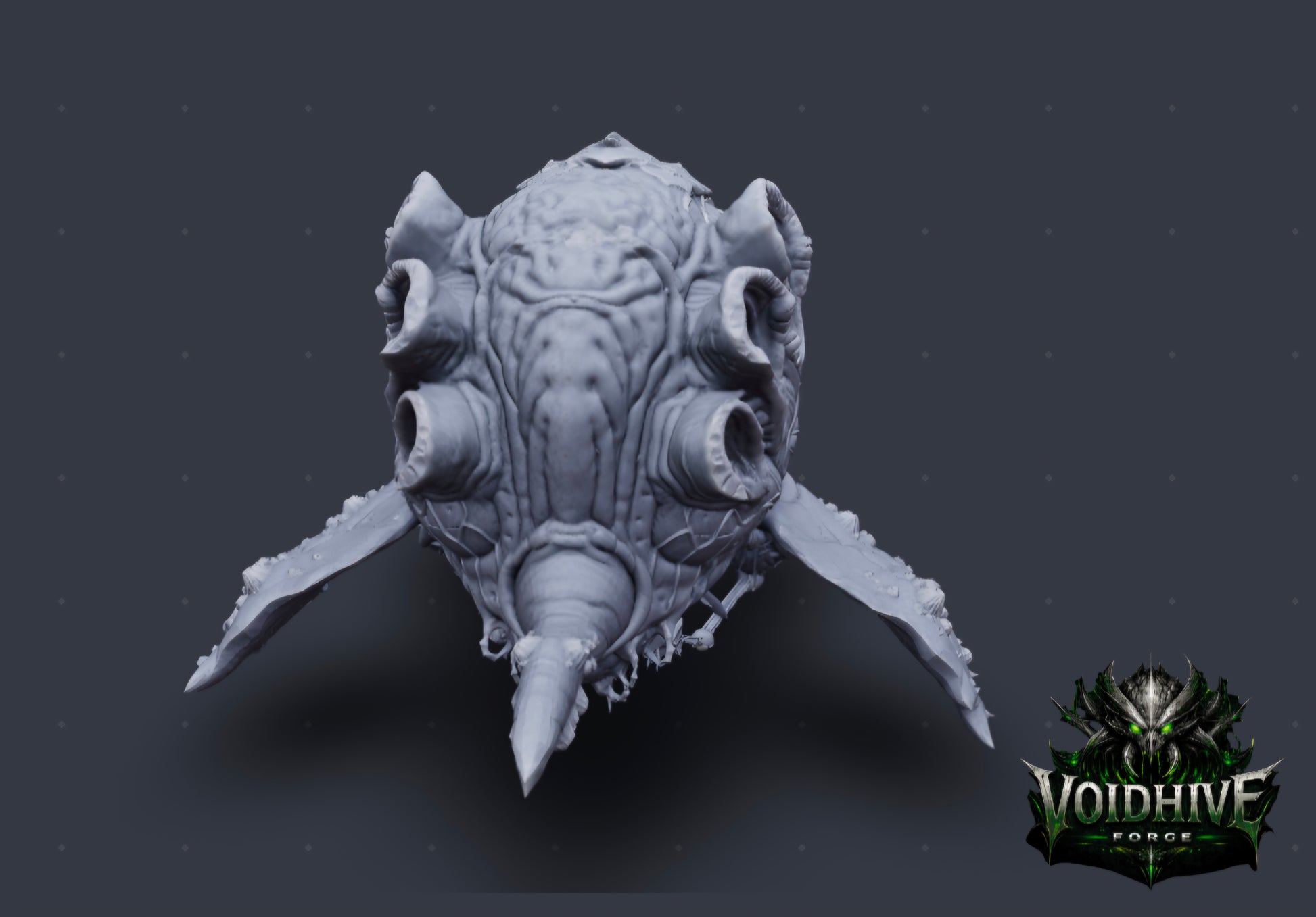 Gray textured mask with intricate details on a dark background, featuring the Voidhive Forge logo.