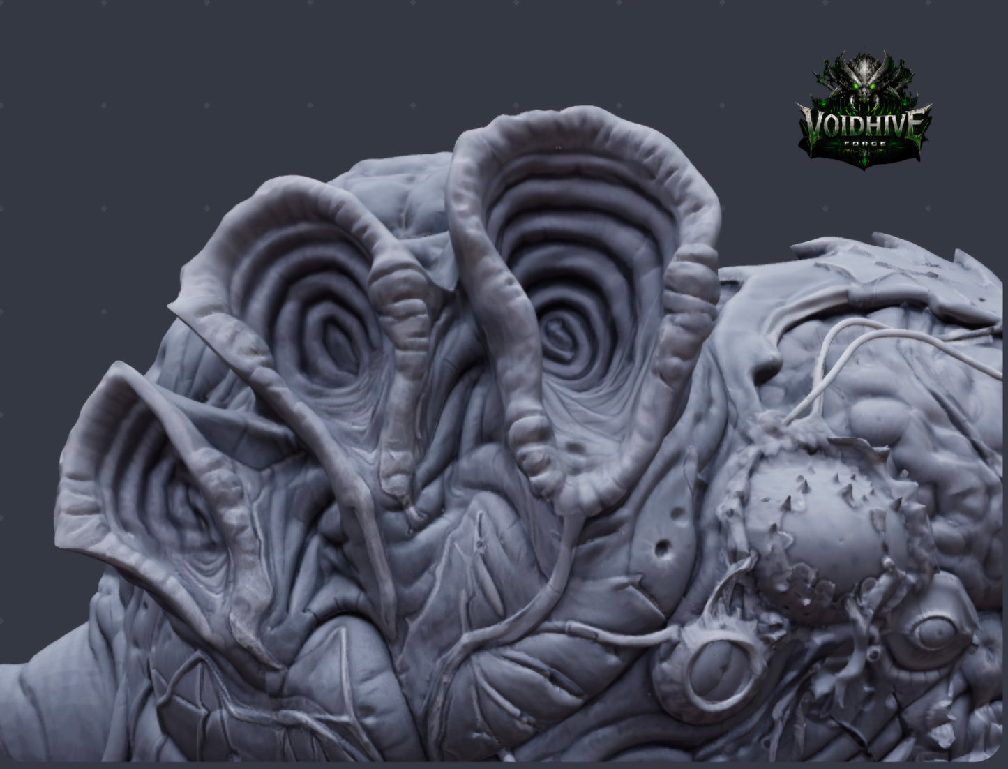 Close-up of a detailed sculpture with intricate designs on a dark background, featuring the Voidhive logo.