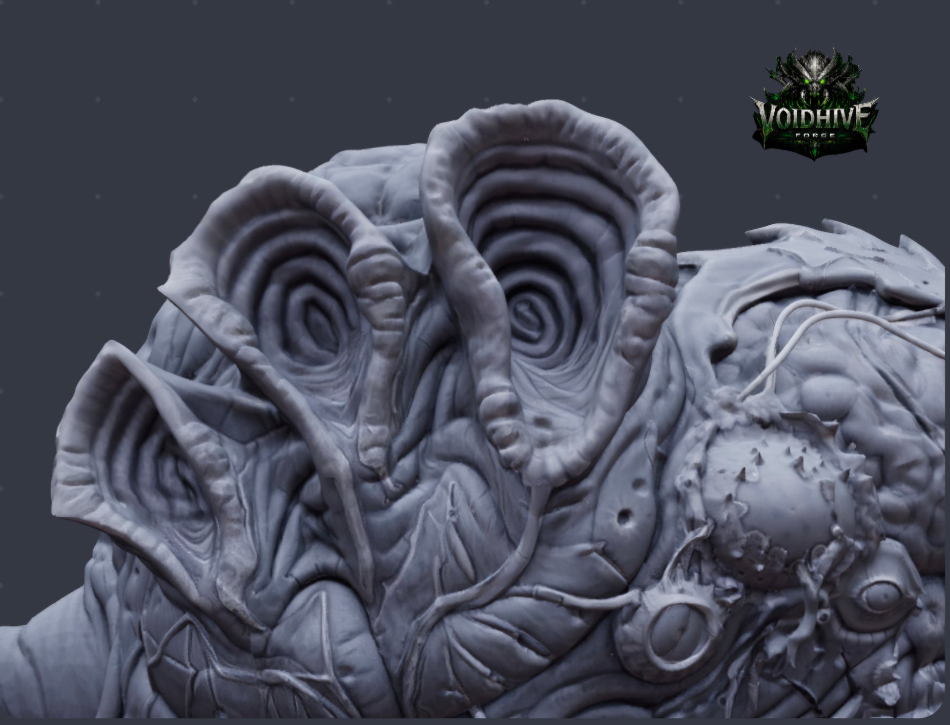 Close-up of a detailed sculpture with intricate designs on a dark background, featuring the Voidhive logo.