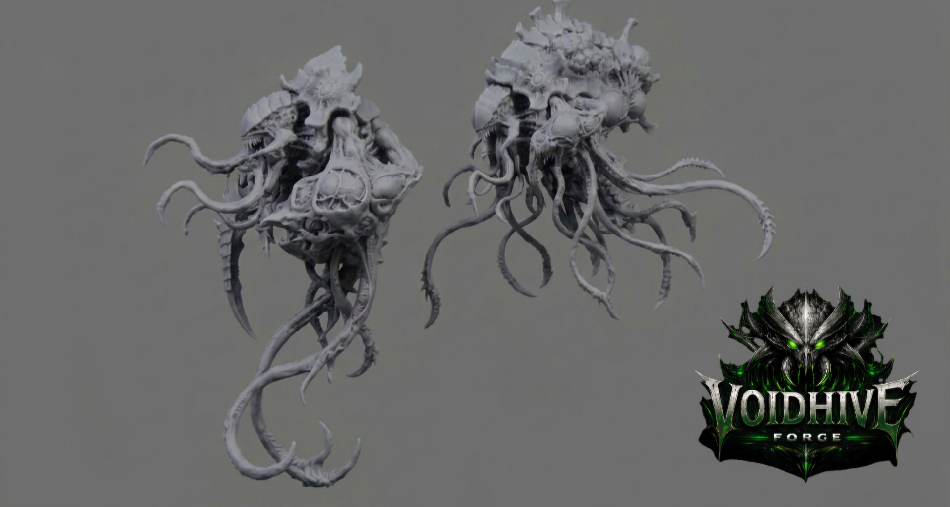 Two gray fantasy creature models on a gray background with 'Voidhive Force' logo.