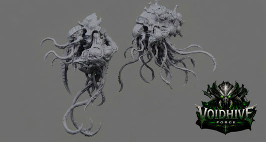 Two gray fantasy creature models on a gray background with 'Voidhive Force' logo.
