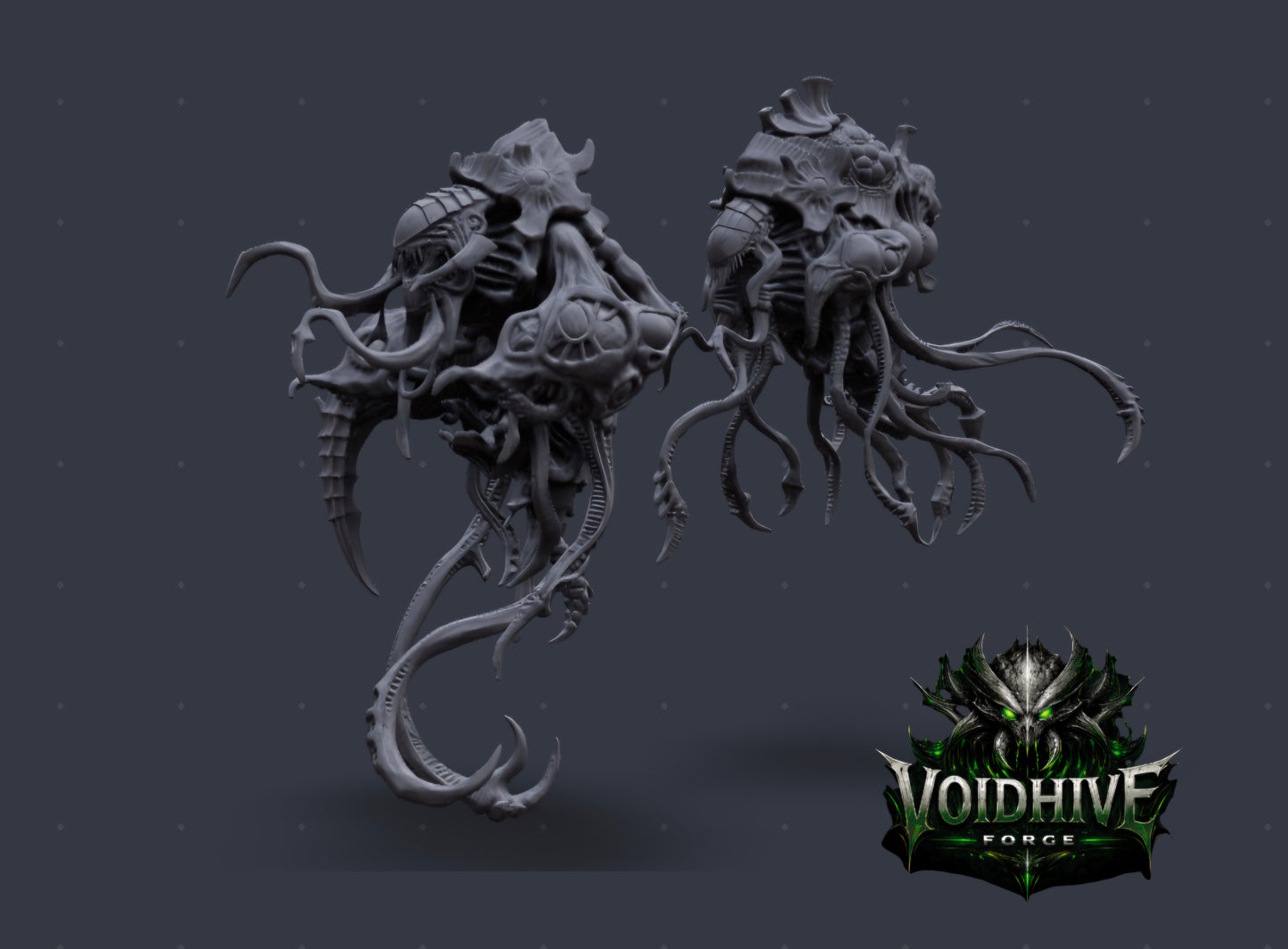 Two dark gray alien-like creatures on a dark background with 'Voidhive' logo.