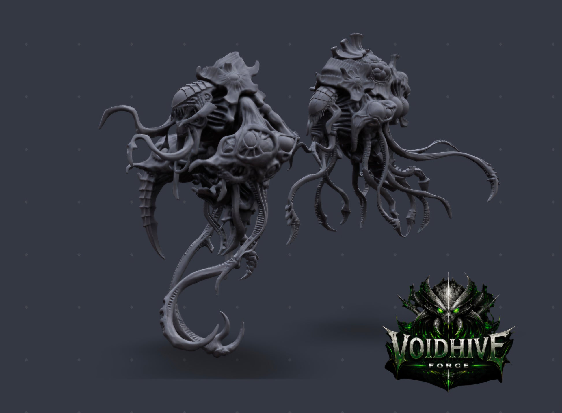 Two dark gray alien-like creatures on a dark background with 'Voidhive' logo.