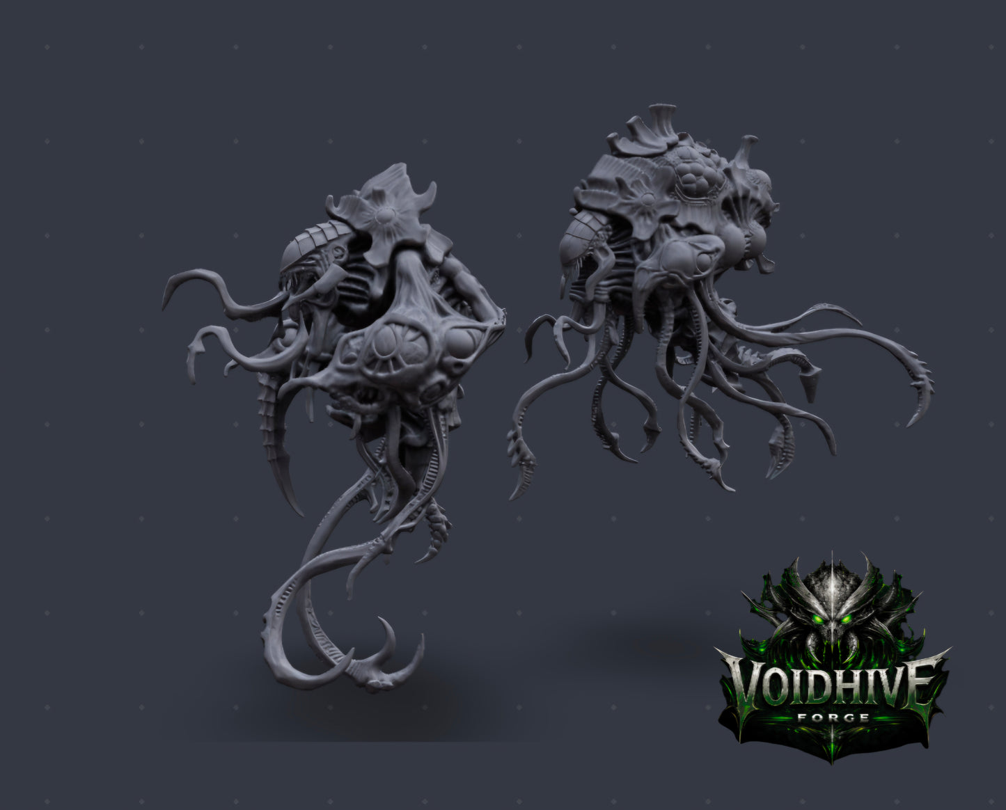 Two gray fantasy creature models on a dark background with 'Voidhive' logo.