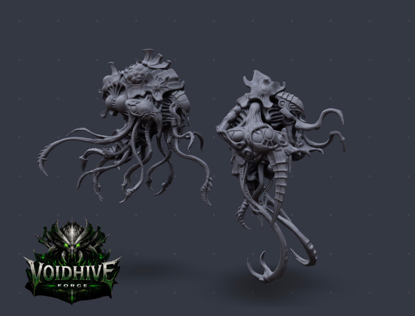 Two gray fantasy creature models on a dark background with Voidhive Forge logo.