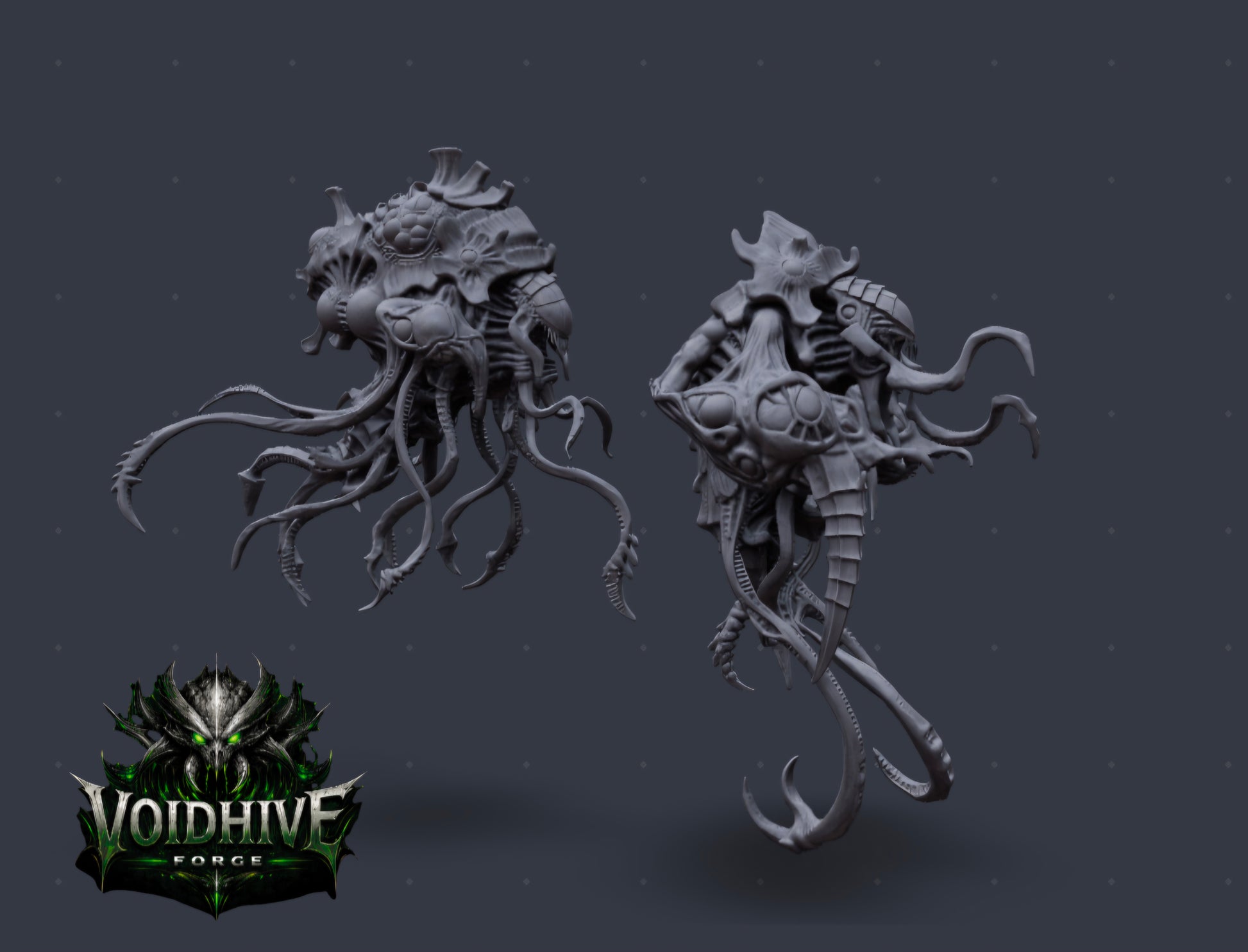 Two gray fantasy creature models on a dark background with Voidhive Forge logo.