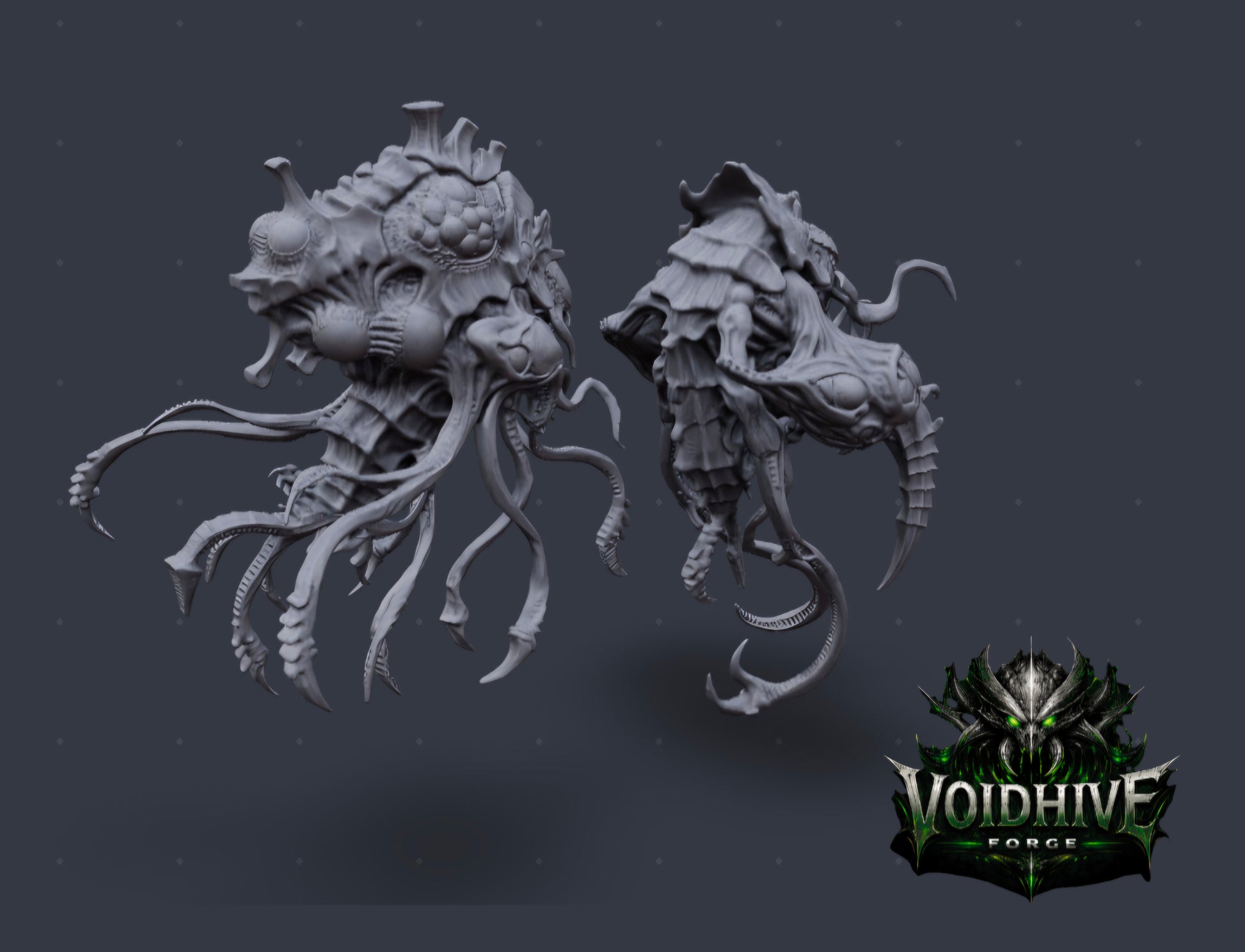 Two detailed dragon-like creature models on a dark background with 'Voidhive Forge' logo.
