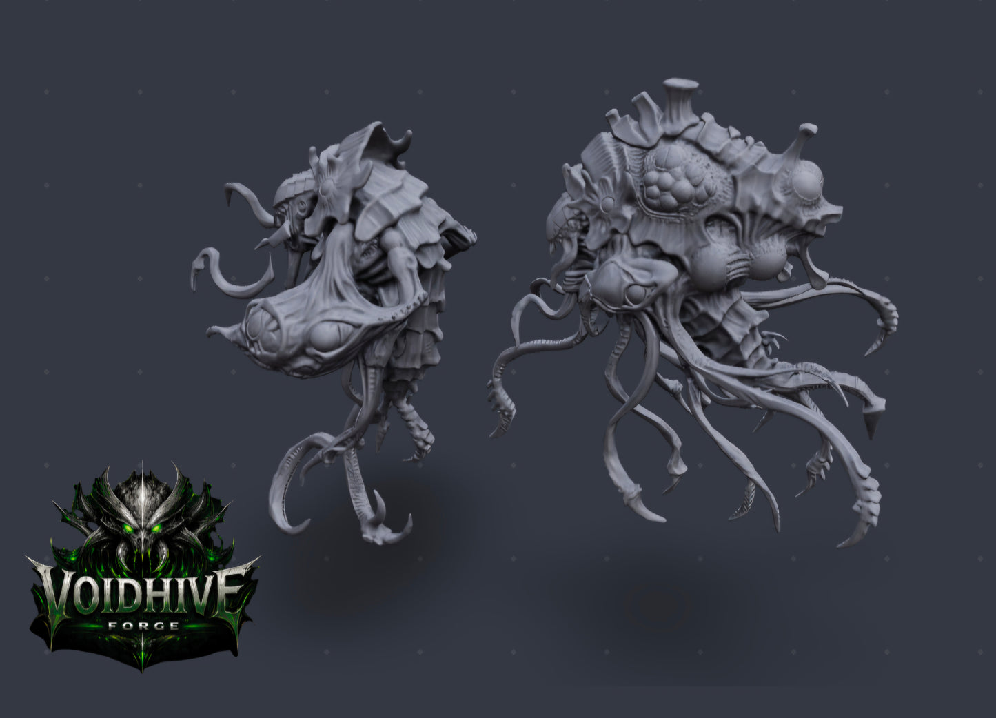 Two fantasy creature models on a dark background with 'Voidhive Forge' logo.