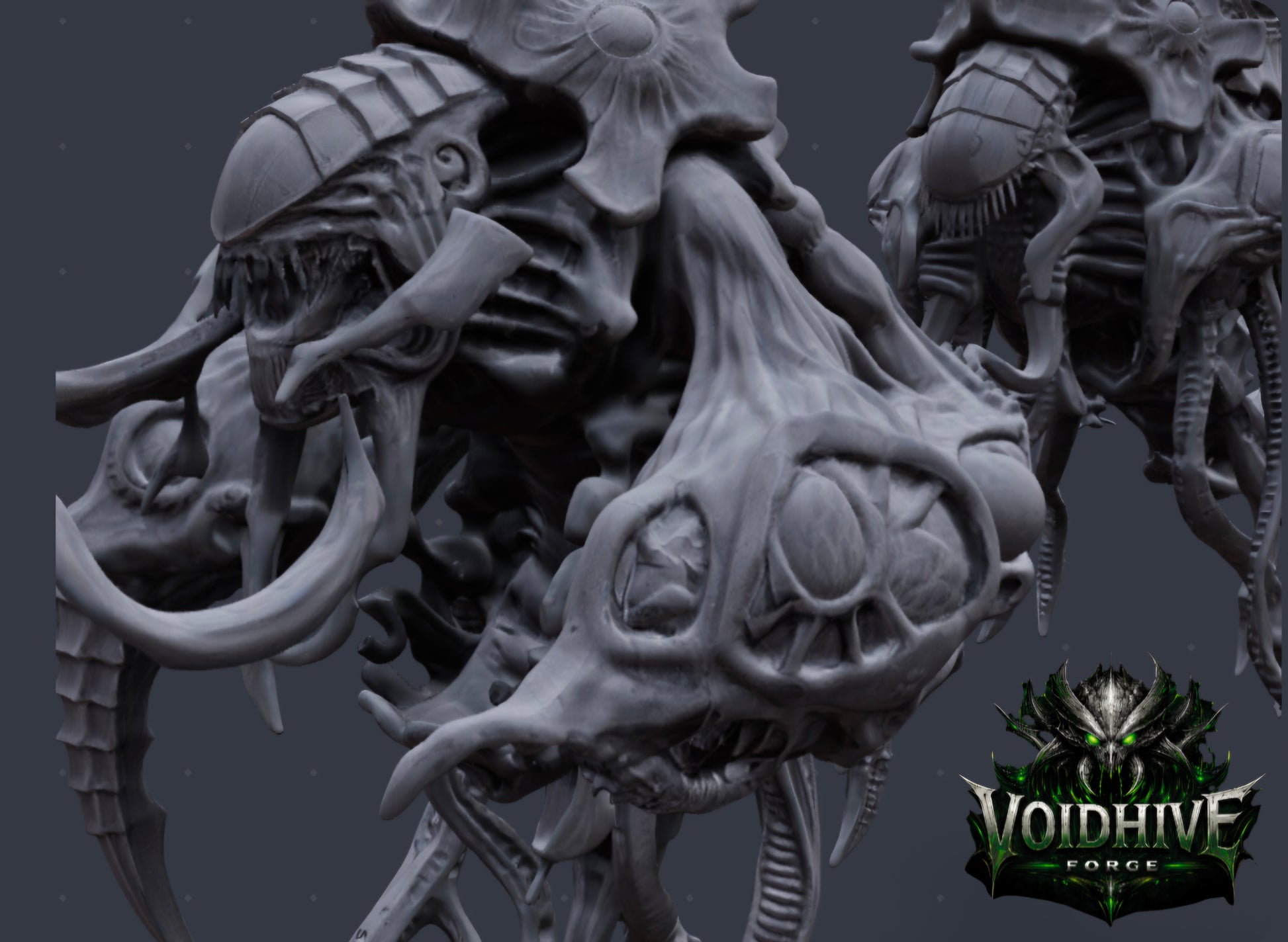 Close-up of a detailed creature head sculpture with 'Voidhive' logo in the corner.