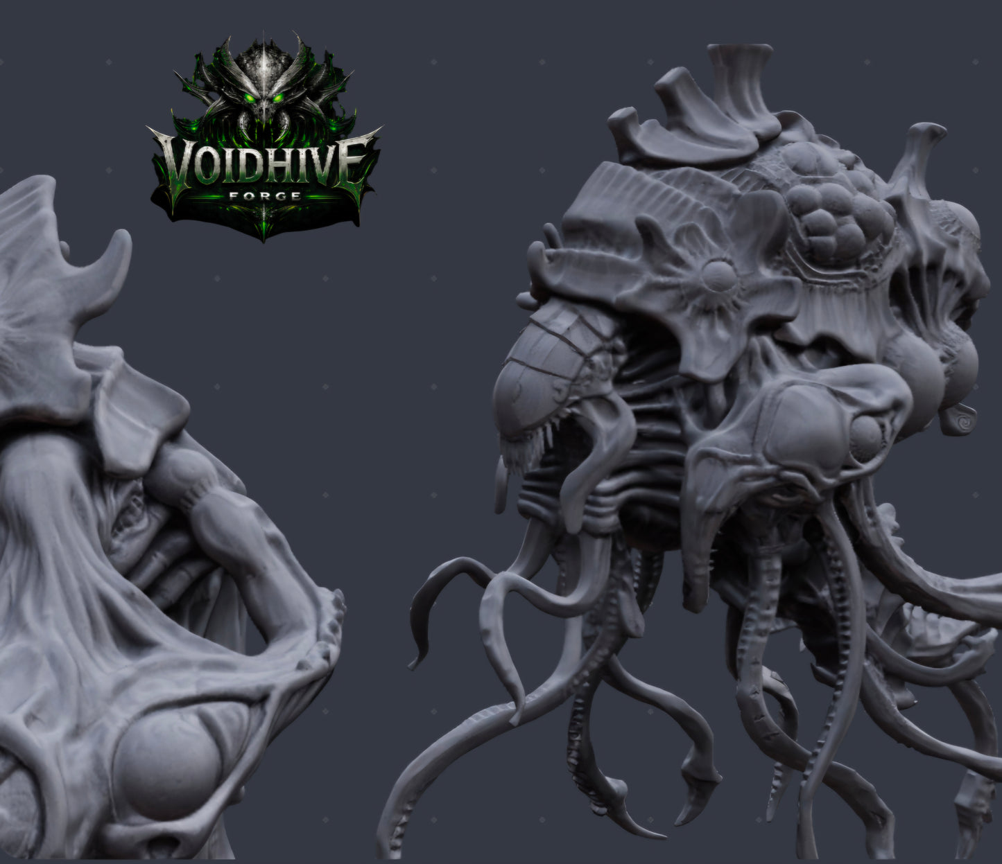 Two detailed alien head sculptures with 'Voidhive Forge' logo above on a dark background