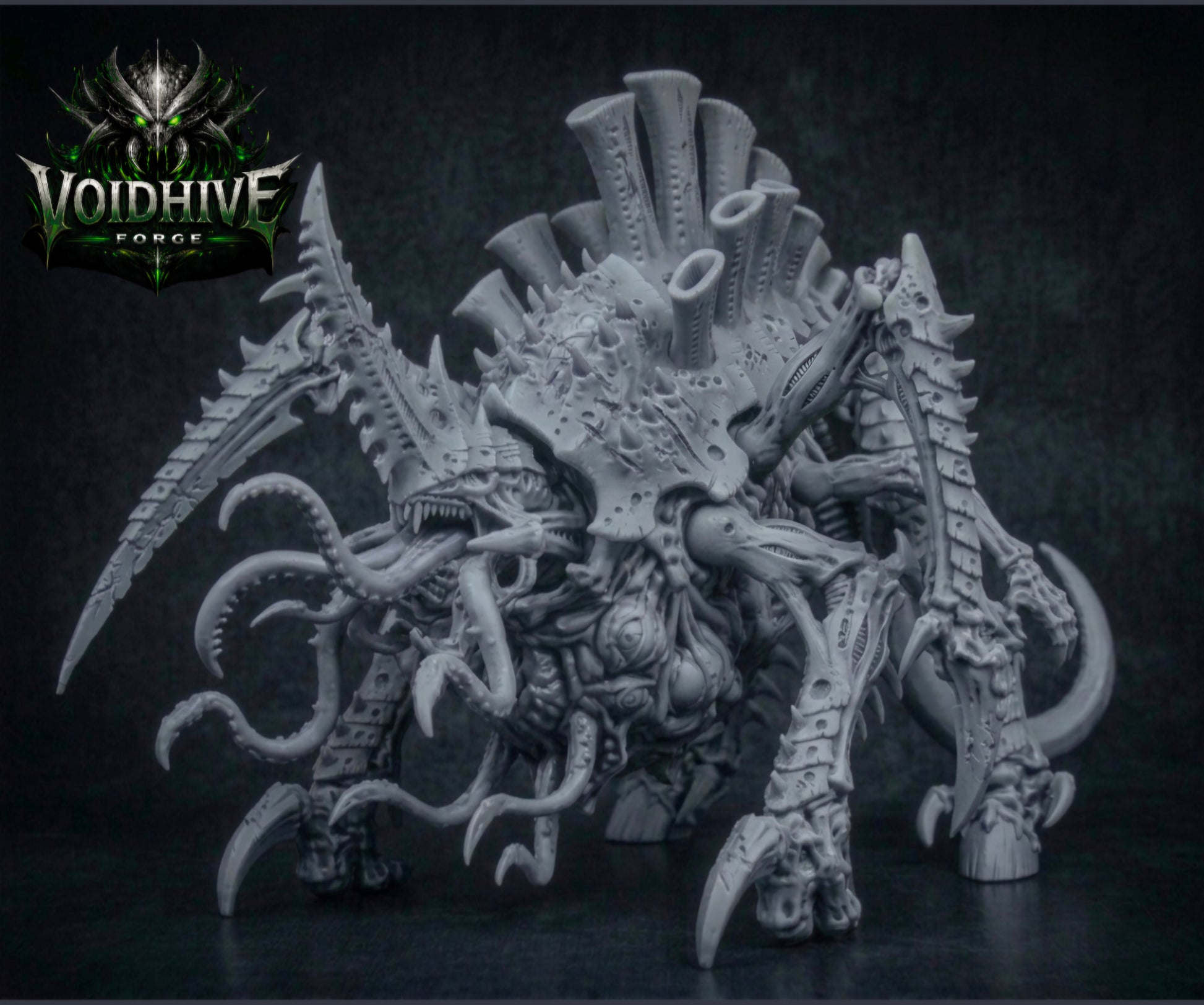 "Void Harvester Prime Eldritch Bio Horror grey resin miniature, front three-quarter view showing spider-like stance with scythe limbs, tube crown and tentacles"