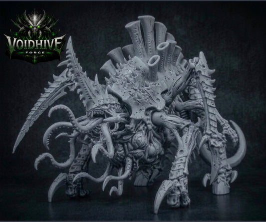 "Void Harvester Prime Eldritch Bio Horror grey resin miniature, front three-quarter view showing spider-like stance with scythe limbs, tube crown and tentacles"