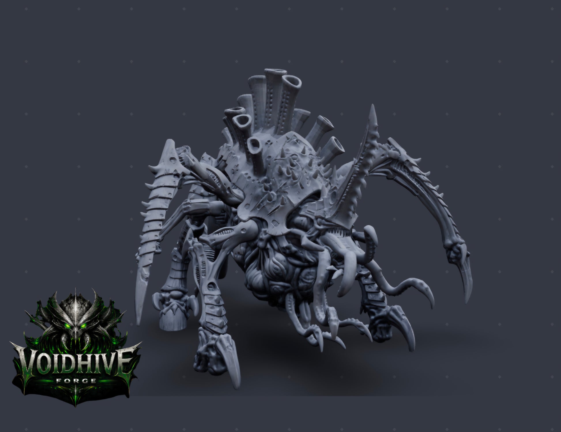 "Void Harvester Prime Eldritch Bio Horror grey resin miniature, front view showing full organic tube crown, segmented scythe arms and multi-legged stance"