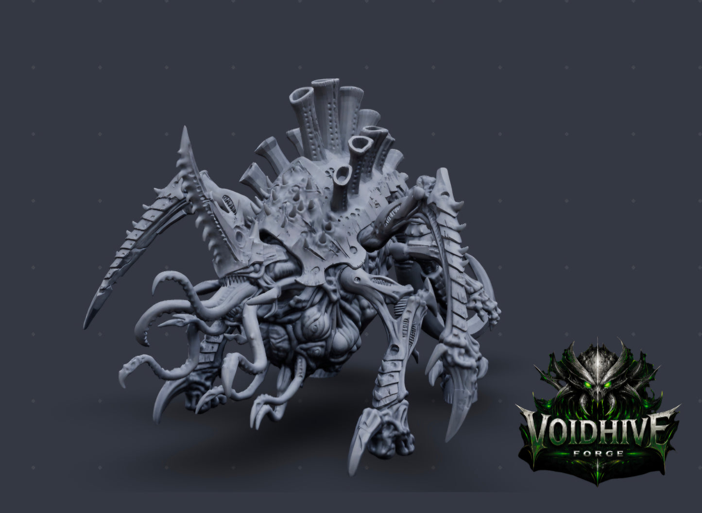 "Void Harvester Prime Eldritch Bio Horror painted resin miniature, front three-quarter view showing full model with open fanged maw, tentacles and tube crown"