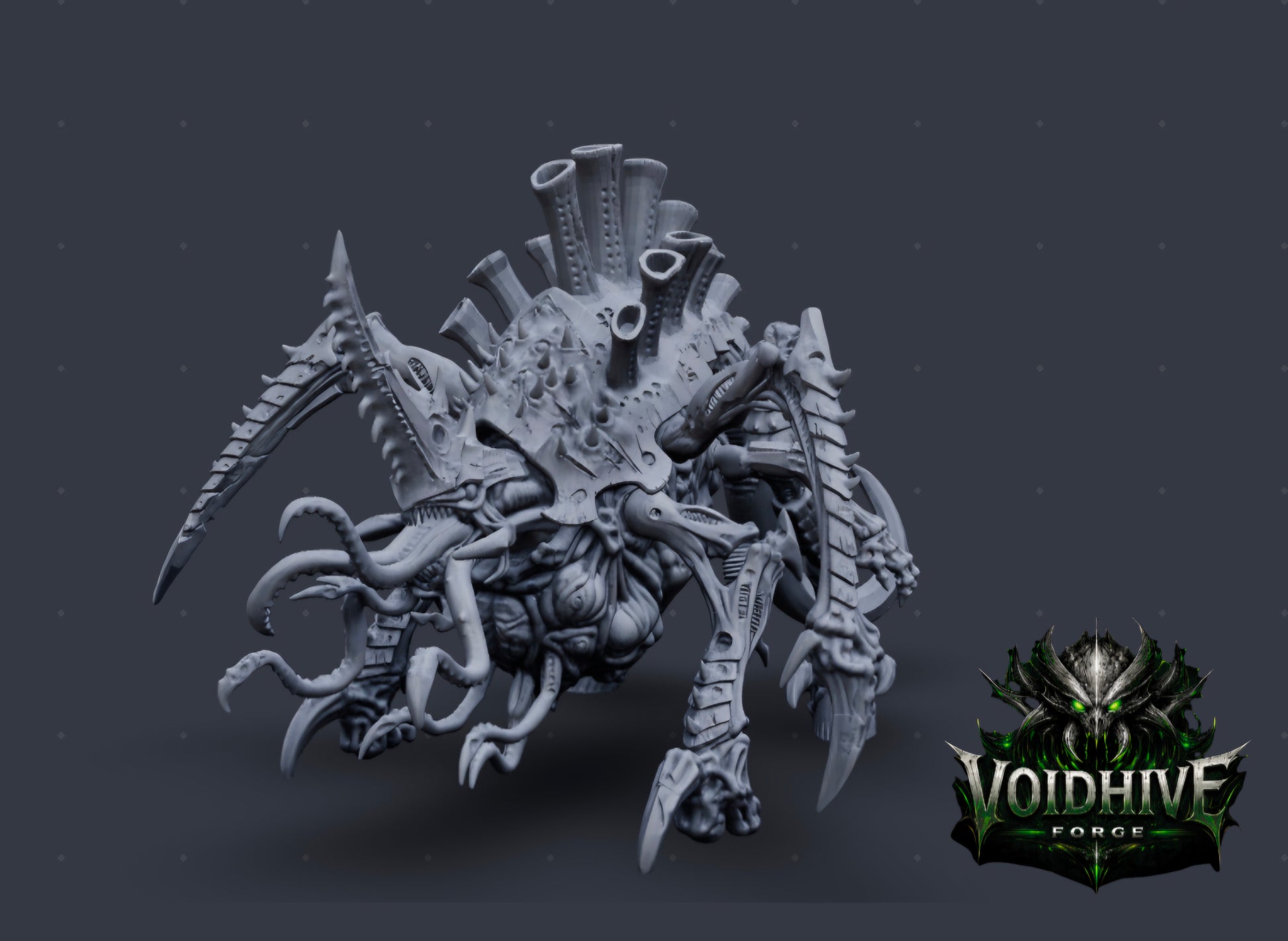 "Void Harvester Prime Eldritch Bio Horror painted resin miniature, front three-quarter view showing full model with open fanged maw, tentacles and tube crown"