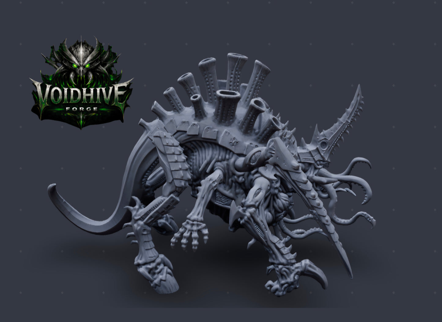 Void Harvester Prime Eldritch Bio Horror grey resin miniature, side profile showing full 140mm body length with armoured carapace, scythe tail and clawed feet"