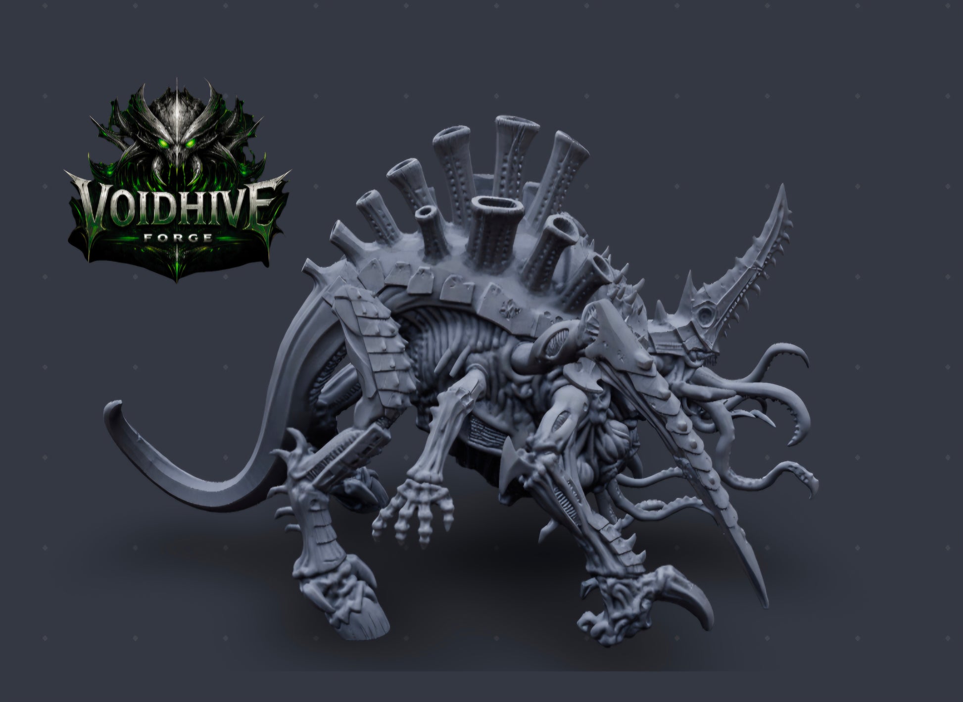 Void Harvester Prime Eldritch Bio Horror grey resin miniature, side profile showing full 140mm body length with armoured carapace, scythe tail and clawed feet"
