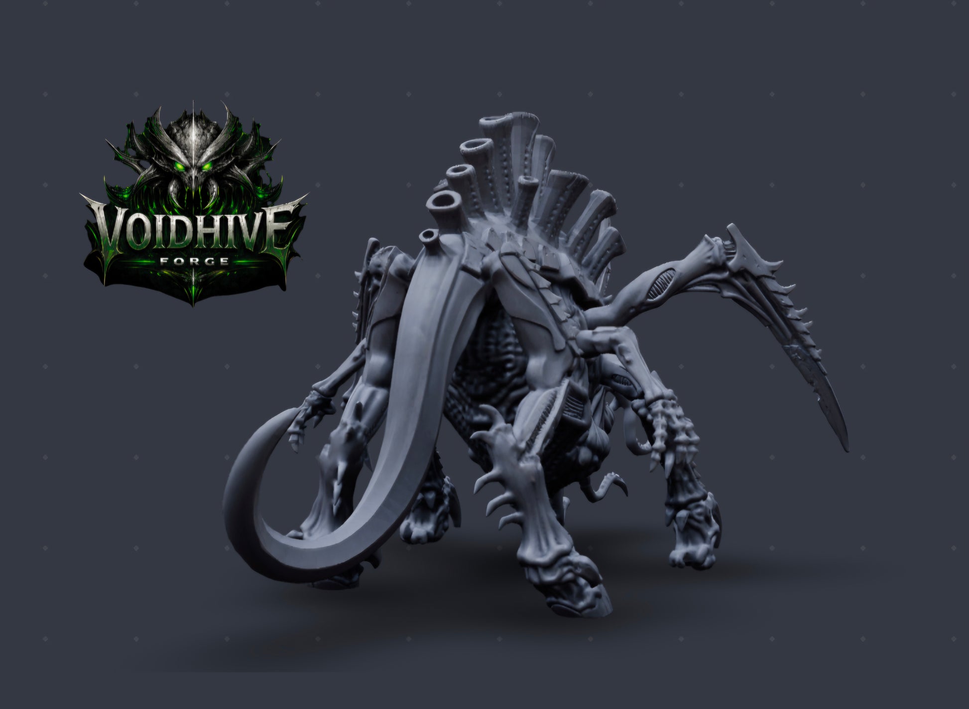 "Void Harvester Prime Eldritch Bio Horror grey resin miniature, rear three-quarter view showing spiked dorsal plates, scythe tail and multi-jointed rear legs"