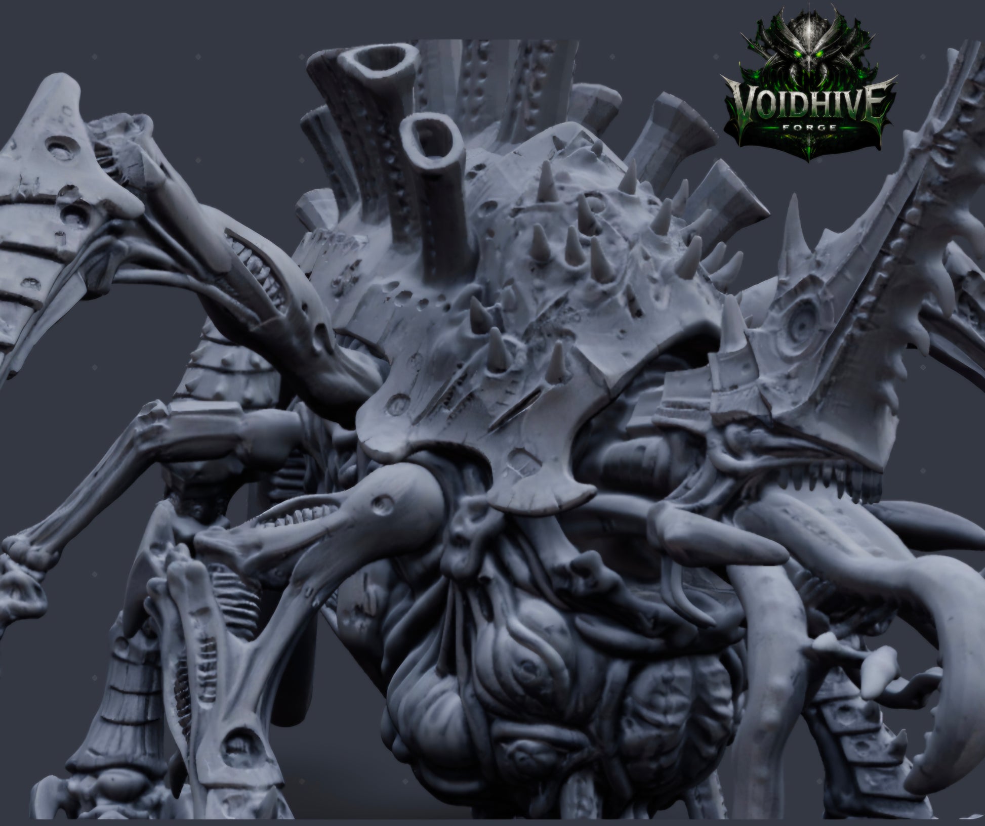  "Close-up detail of Void Harvester Prime Eldritch Bio Horror resin miniature showing organic tube crown, spiked carapace and writhing tentacle mass"