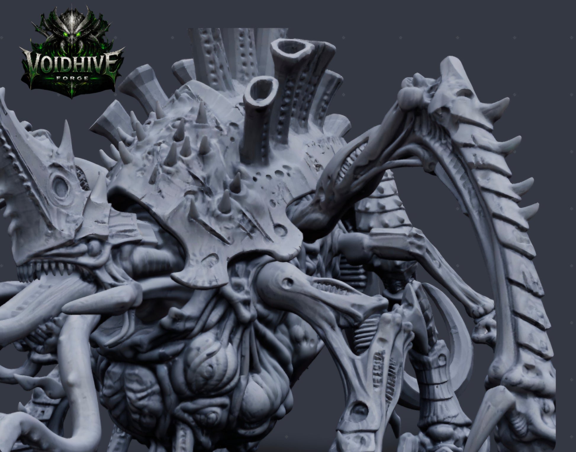  "Void Harvester Prime Eldritch Bio Horror grey resin miniature, side view showing full body profile with armoured flanks, scythe limbs and organic tube array"