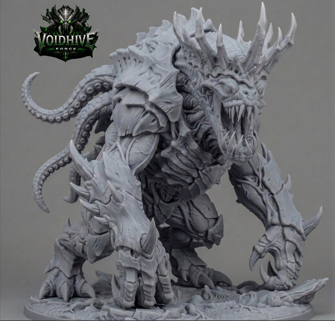  "Void Stalker Armoured Predator grey resin miniature, low-angle three-quarter view showing underside detail, segmented belly plates and multi-limbed predatory stance"