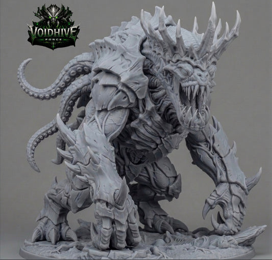  "Void Stalker Armoured Predator grey resin miniature, low-angle three-quarter view showing underside detail, segmented belly plates and multi-limbed predatory stance"