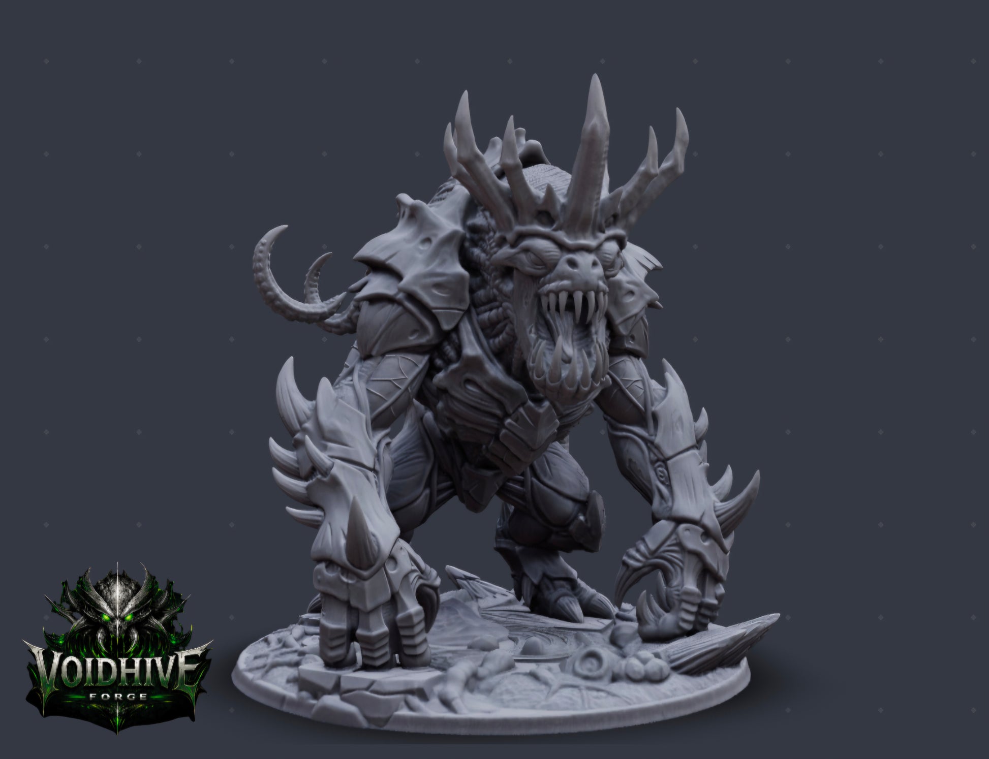 "Close-up detail of Void Tyrant Eldritch Warlord resin miniature showing layered chitinous torso, writhing tentacles and segmented armour plates"