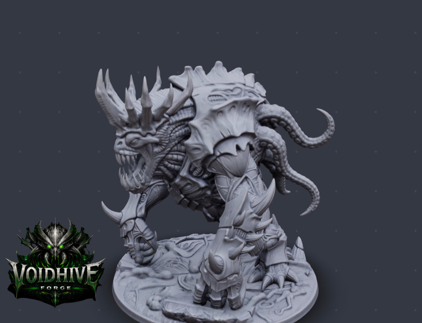 Void Tyrant Eldritch Warlord grey resin miniature, front view showing bipedal stance, wide fanged maw, antler crown and clawed gauntlets"